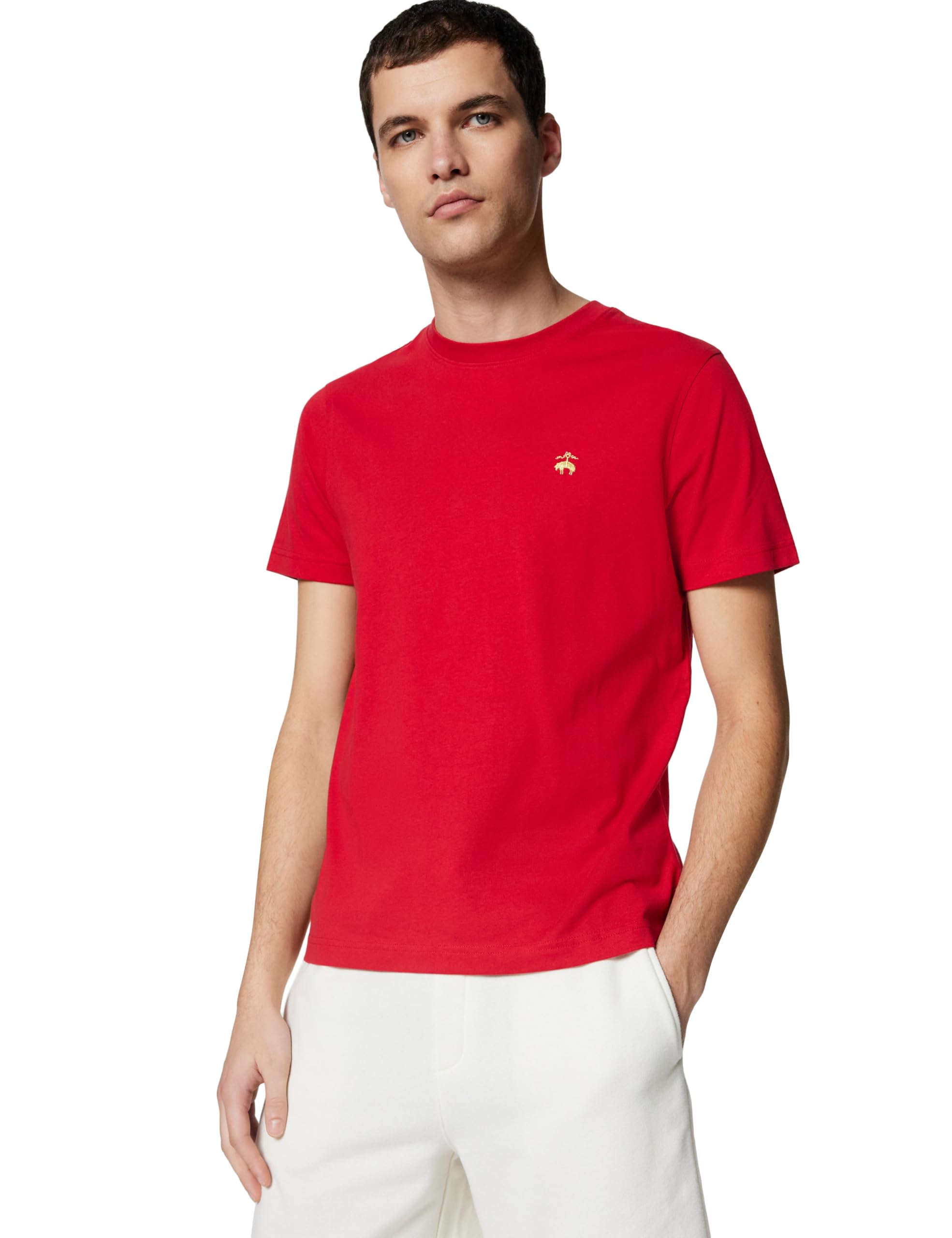 Brooks Brothers T-Shirt da Uomo a Maniche Corte in Cotone, Girocollo, con Logo, Rosso, L