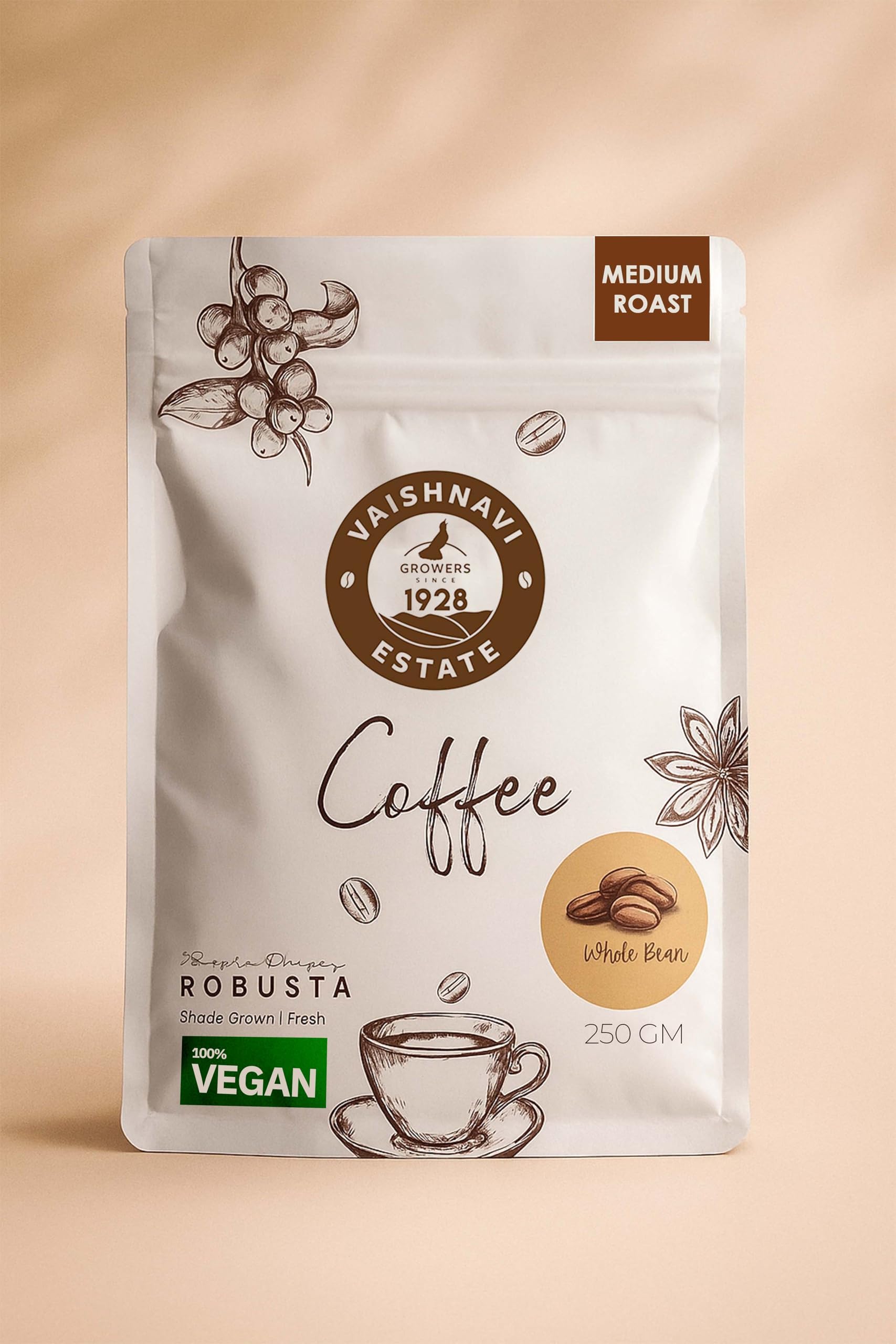 Vegan Medium Roast Robusta Coffee | Single Origin | Shade Grown | Freshly Roasted & Ground | Whole Bean - 250g (Pack of 1)