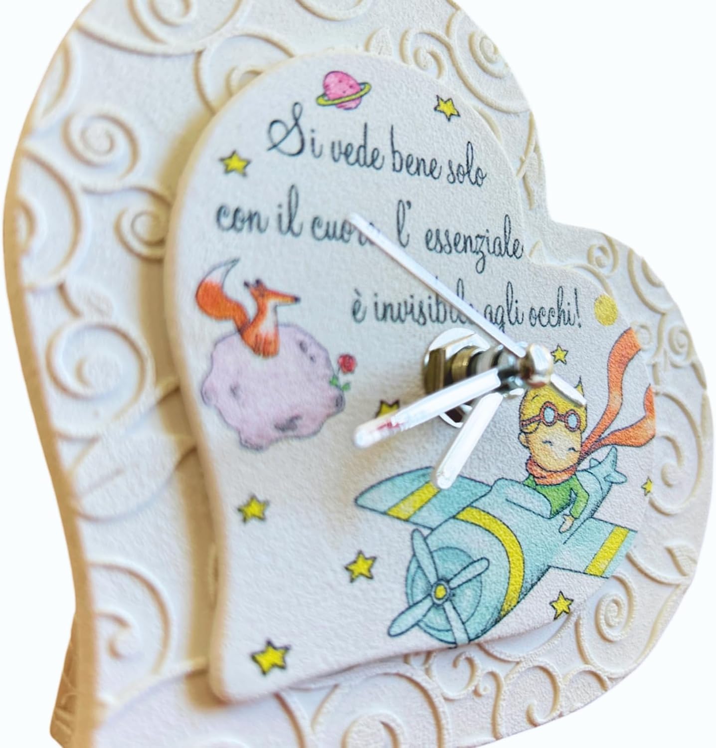 Regalami.Shop Set di 5 bomboniere Orologio con Piccolo Principe in Marmo di Carrara ricomposto, Completo di Scatola, bigliettino Coordinato e scatolina Porta Confetti (5, Cuore)