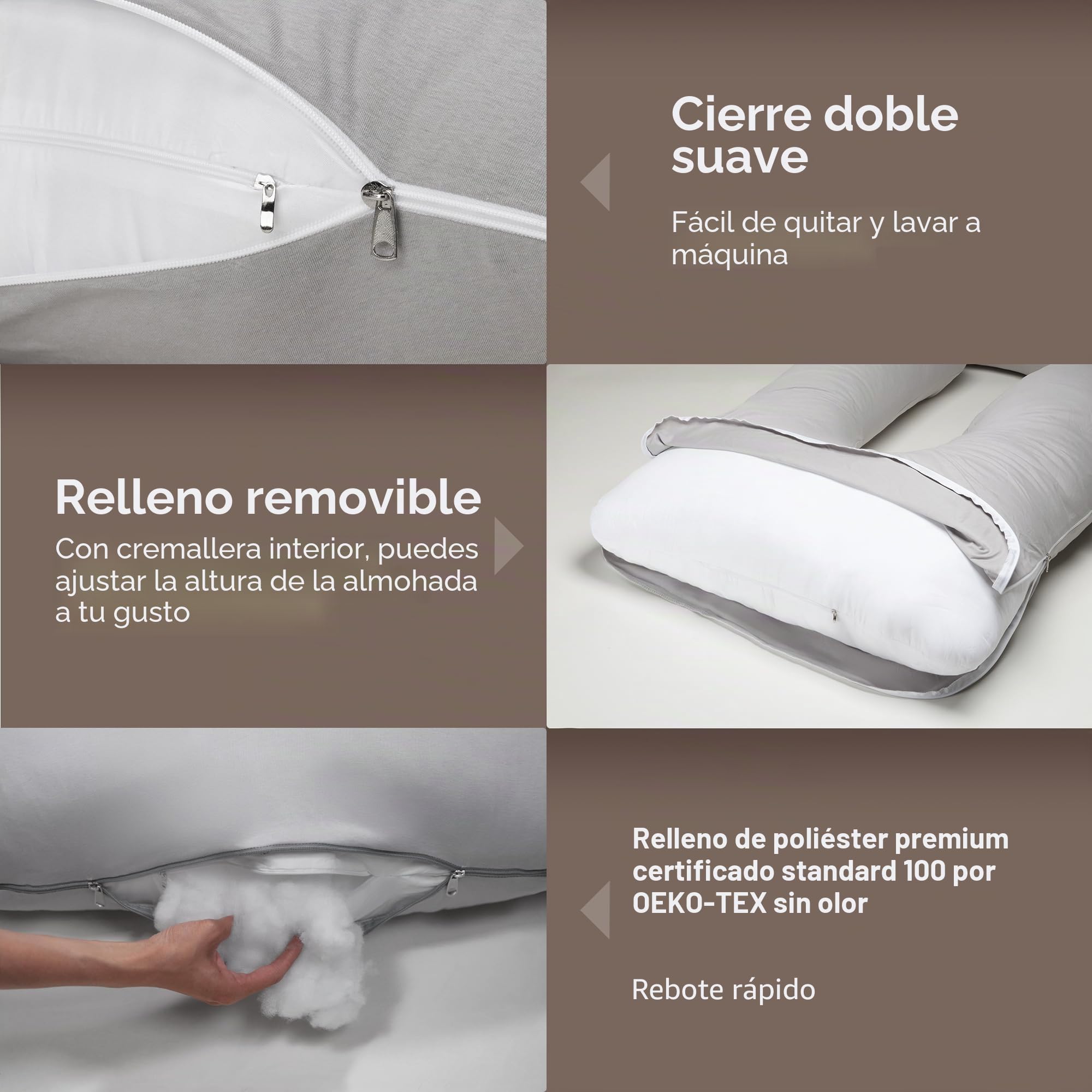 Almohada Embarazada U, Funda 100% Algodón Desmontable y Lavable