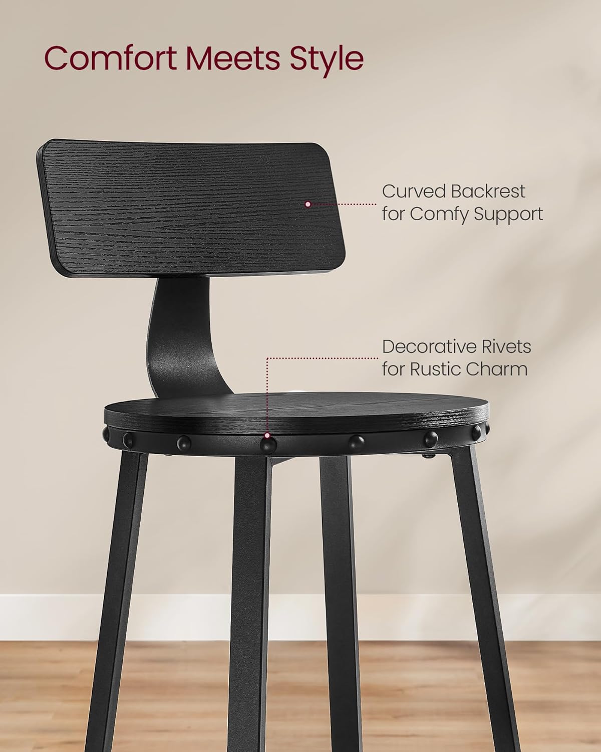 VASAGLE Bar Stools Set of 4, Bar Height Stools, 28.9 Inches Counter Barstools Chairs with Back for Dining Kitchen Island, Steel Frame, Industrial Style, Easy Assembly, Ebony Black