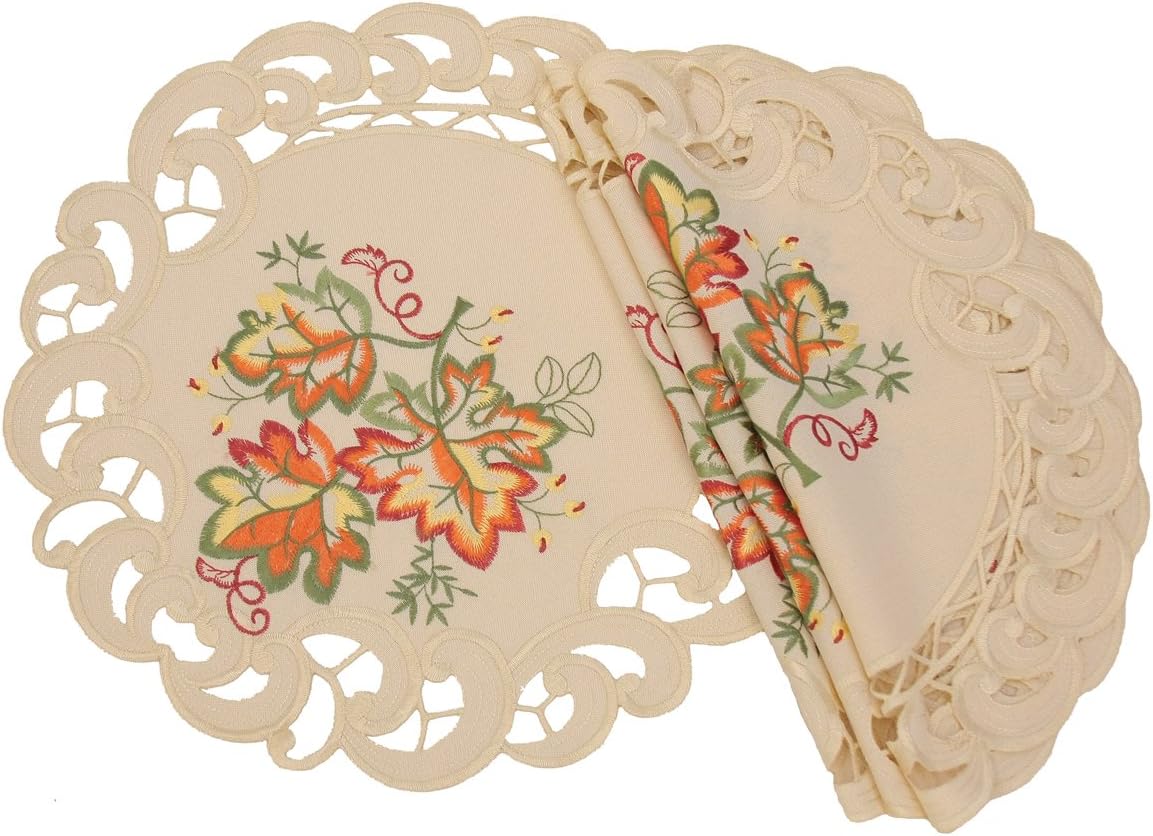 Thankful Leaf Embroidered Cutwork Fall Placemats, 16-Inch Round,Set of 4