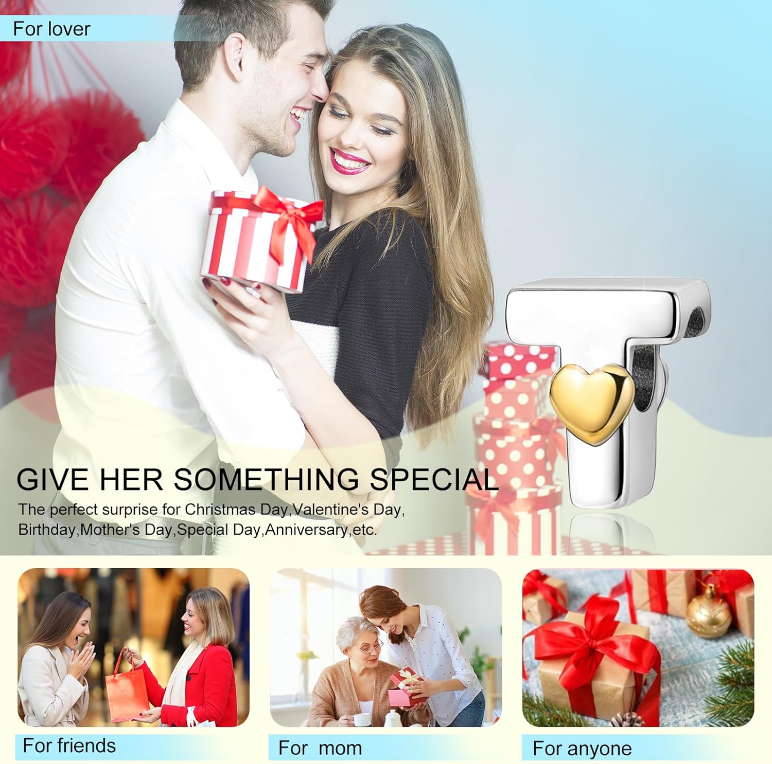 PARCOM S925 Sterling Silver Charms for Bracelets and Necklaces,Letter Charms A-Z for Bracelet Necklace with Golden Heart Initial Beads Pendant Jewelry Bracelets for Women Birthday Ceremony - Image 7