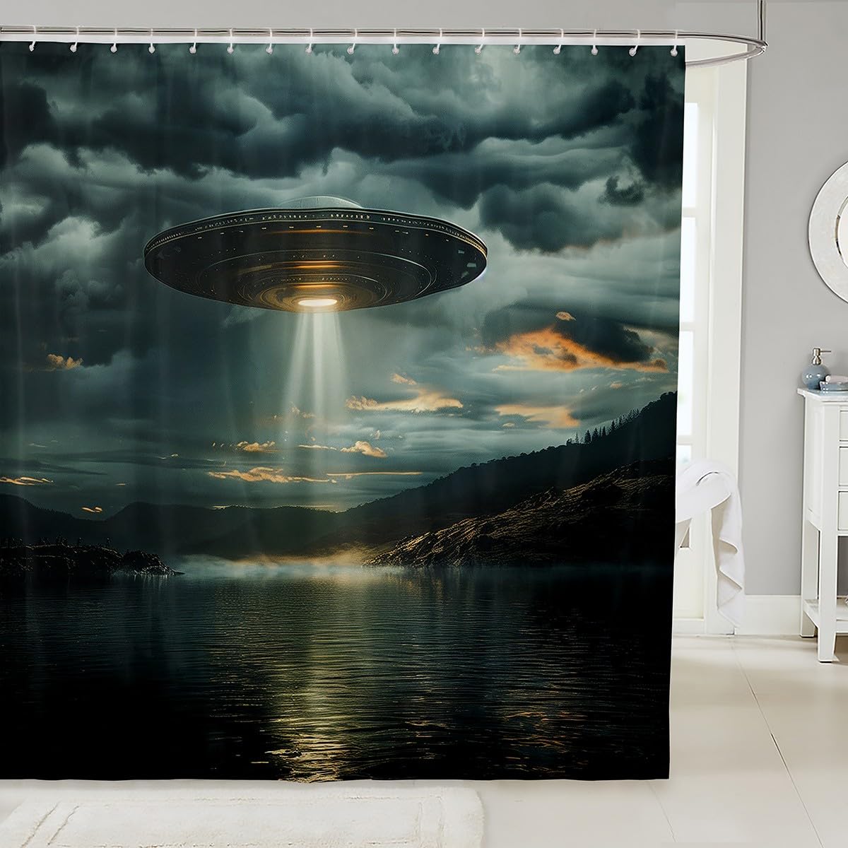 Manfei Spaceship Fabric Shower Curtain,Outer Space Alien Spacecraft Bath Curtains,Natural Lake Dark Clouds Sky Waterproof Shower Curtain for Bathroom,