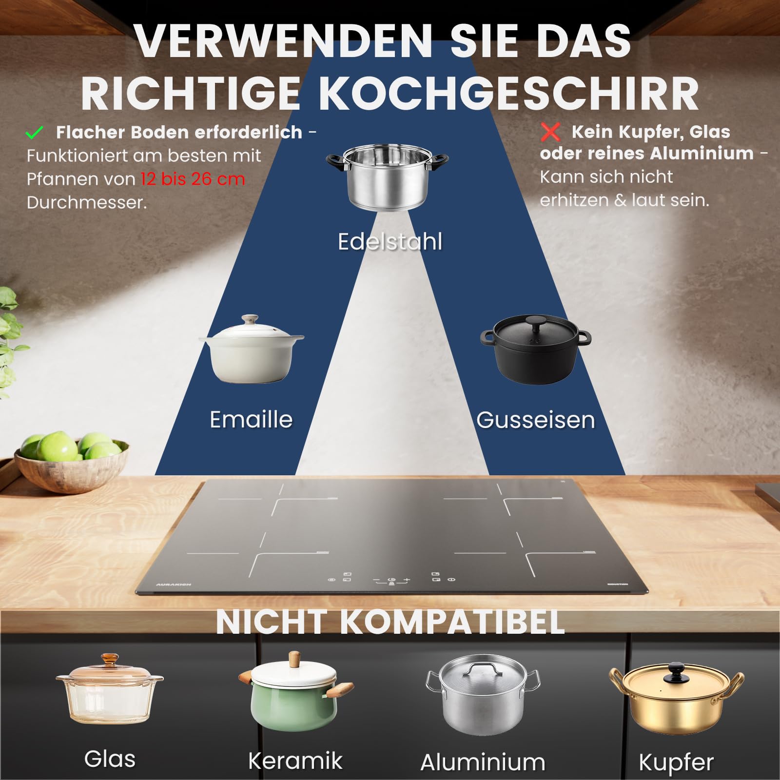Induktionskochfeld 60cm autark - 4 Zonen Einbau Induktionskochplatte mit Kratzfeste Glaskeramik & Ceranfeldschaber, 2 x Booster, 7000W, Touch-Control, 2 Jahre Garantie