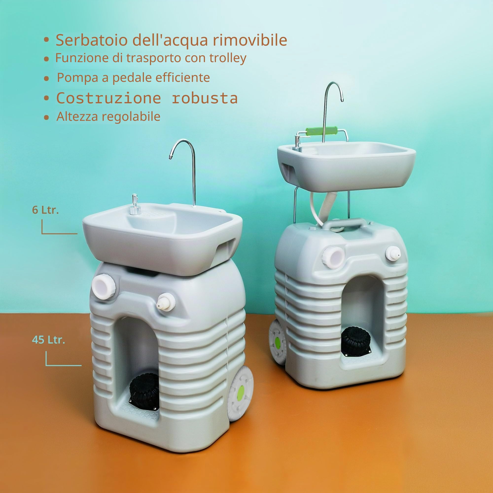Stagecaptain PSW-45 Quixie Lavabo portatile da campeggio set deluxe - Lavandino mobile lavaggio viaggio all'aperto serbatoio pompa meccanica pedale - Funzione carrello e serbatoio delle acque reflue