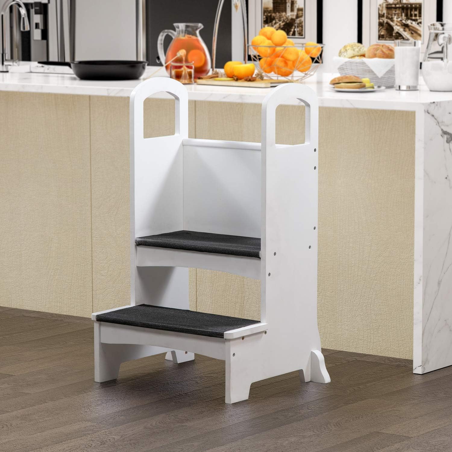 Kids Step to It Stool, Kids Kitchen Step Stool with Safety Handles, Lightweight Anti-Skid, Non-Slip Pads, Toddler Standing Tower for Kitchen Counter Helper, Potty, Bathroom, by Naomi Home – White : Everything Else
