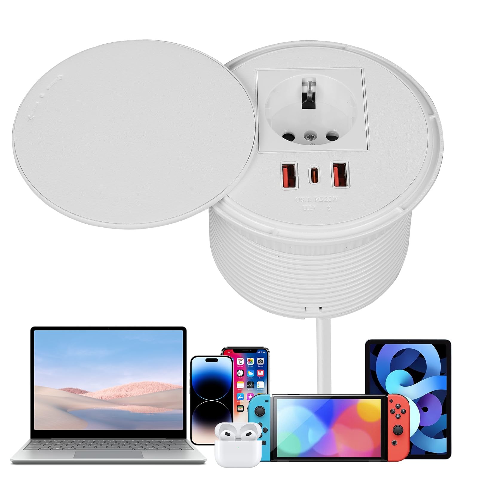 Presa da incasso con coperchio, presa da tavolo con 1 Schuko e 1 connettore USB-A e 1 connettore USB-C e cavo di alimentazione da 1,5 m, prese per foro da tavolo da 80 mm