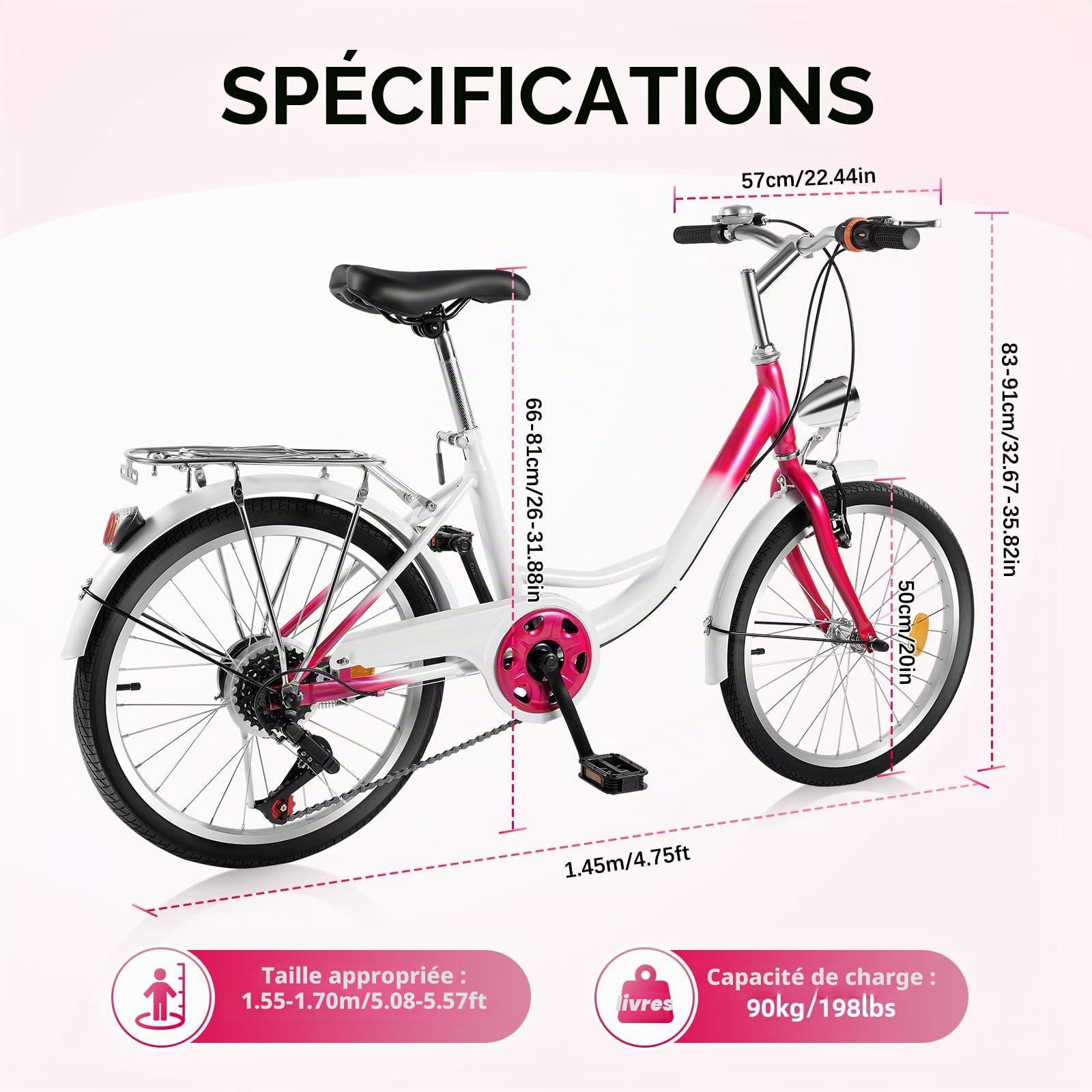 Vélo de ville de 20" à 6 vitesses avec éclairage LED | Vélo réglable en hauteur pour adultes (charge de 90 kg) – Roues en aluminium + frein en V / frein à tambour | Vélo urbain rose et blanc