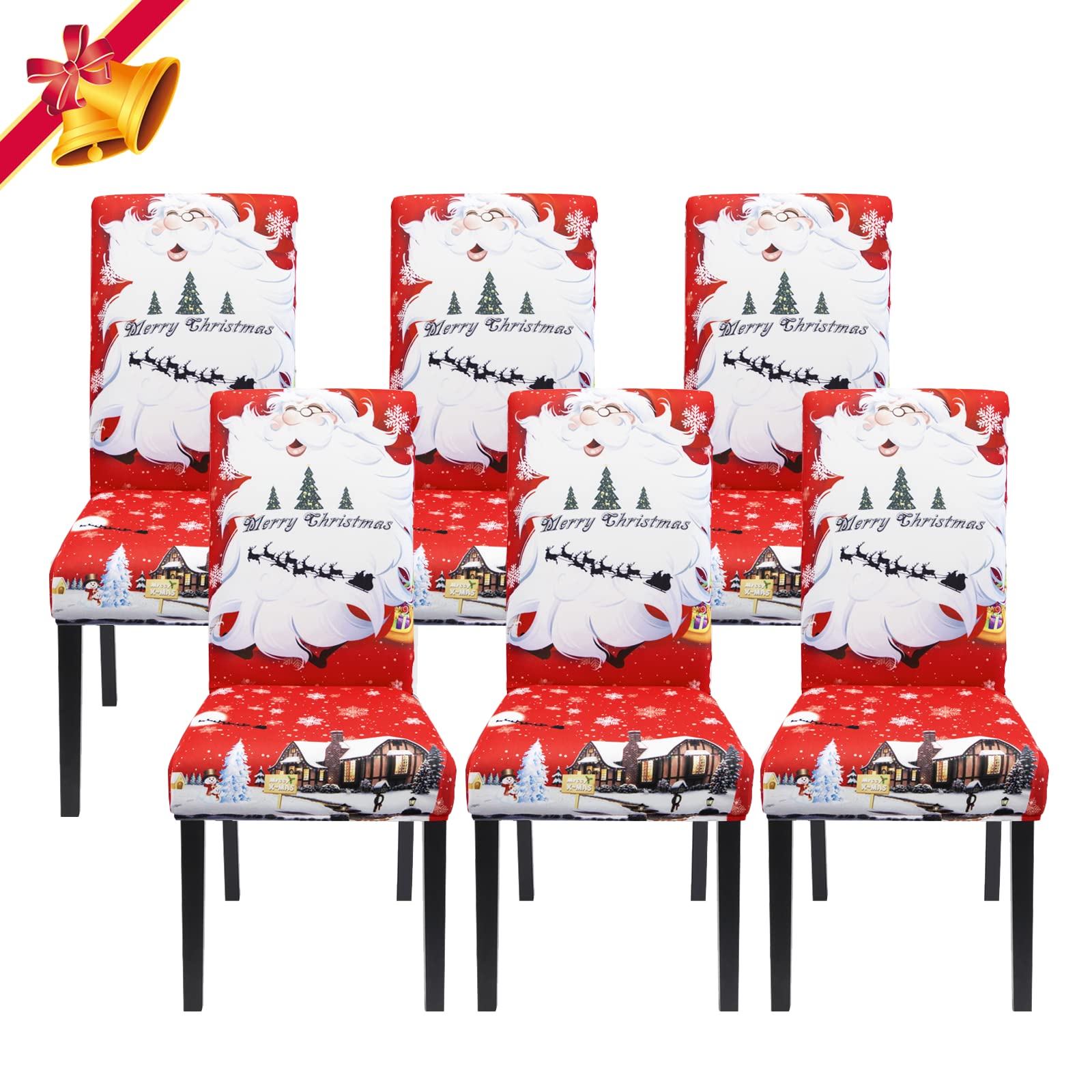 Jaotto Coprisedie Natalizie 6 Pezzi Coprisedia Elasticizzati con Schienale Fodere Coprisedie Universale per Sala da Pranzo Cucina Natale Coprisedia Lavabile Coperture per Sedie,Rosso/Babbo
