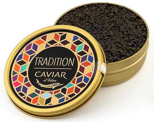 Colección TRADITION - Esturión Osetra Premium Caviar Negro - 3.5 oz 100 g en tarro de metal - Black Caviar de alta calidad con sabor clásico a