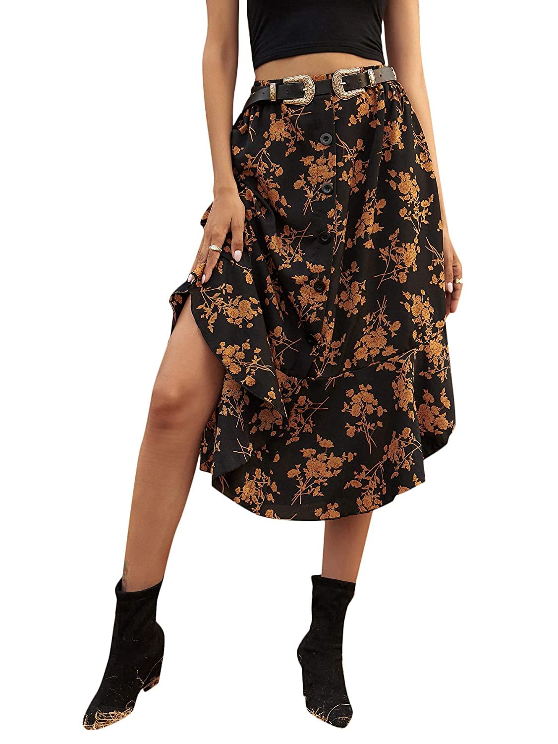 Women's Floral Print Button Front Ruffle Hem High Waist A Line Midi Skirts