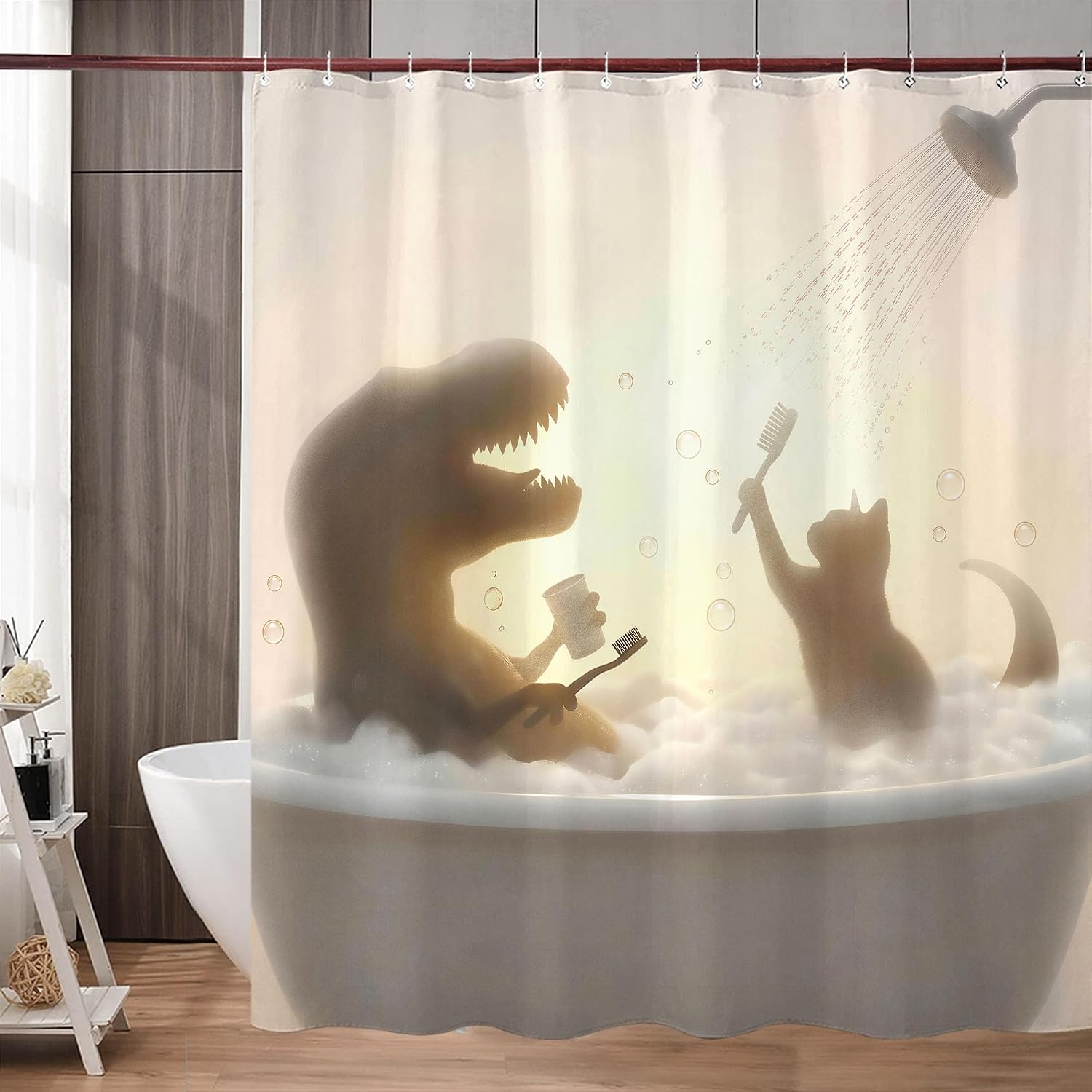 Leeisysme Funny Cat Dinosaur Shower Curtain, Cute Fun Dino Trex Kitty in Bathtub Silhouette Shower Curtains, Cool Unique Whimsical Bathroom Decor, 72x72 inch