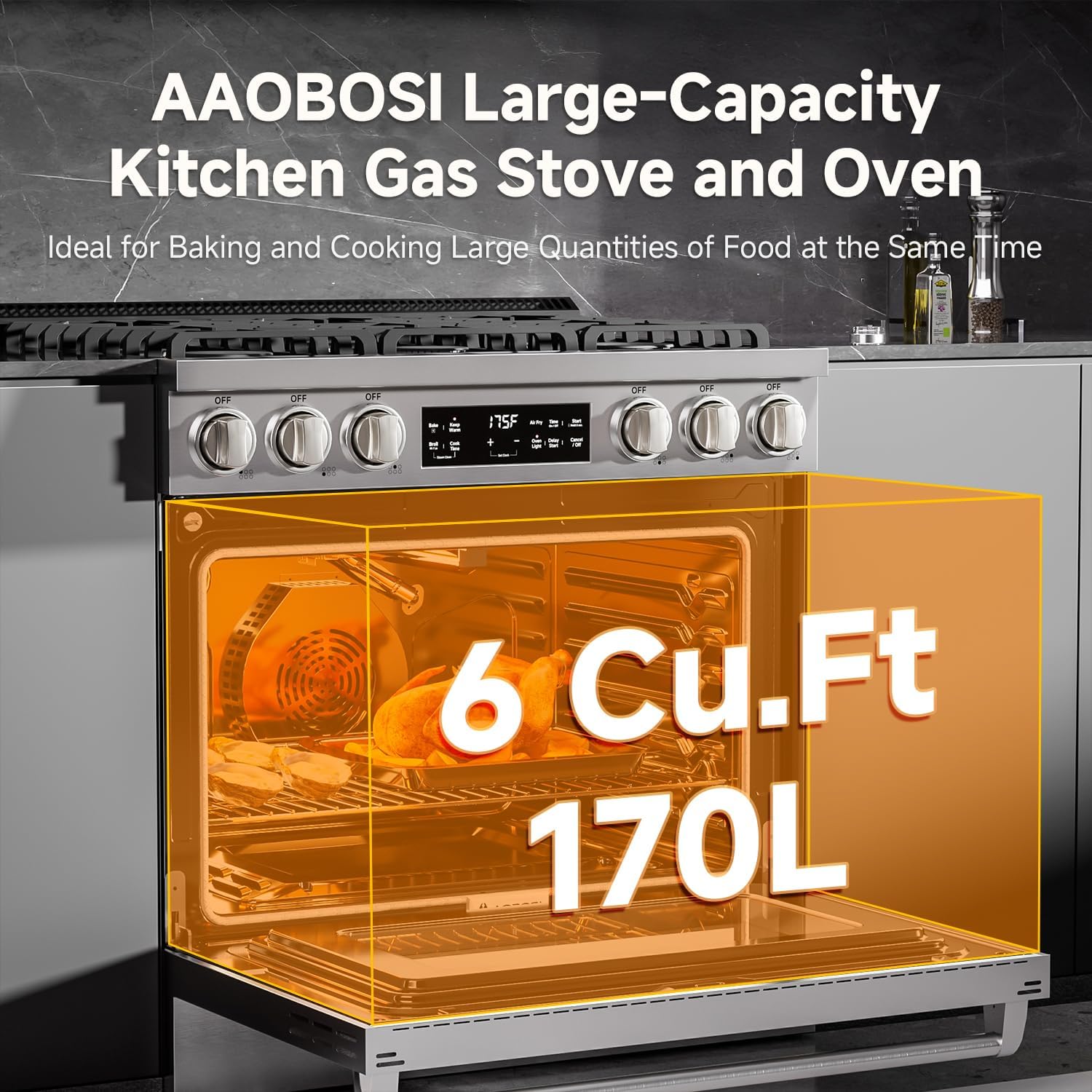 AAOBOSI 36 Inch Gas Range Oven, 6 Cu.Ft Front 6 Sealed Cooktop Burners,Smrt Control Air Fryer Convection Self Clean Oven, Freestanding Stainless Steel Heavy Duty Gas Stove with Halogen Light,NG/LPG