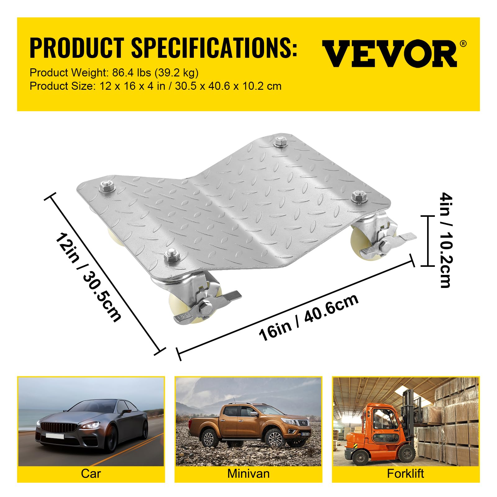 VEVOR Carro de localización de vehículos para Garaje, Coche de Venta de Taller, Carga 39,2 kg, Carro de Transporte 2 Piezas 406 x 305 mm
