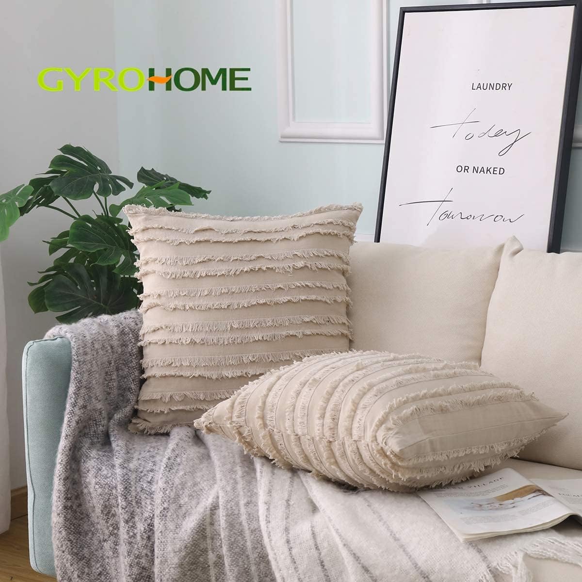 GYROHOME Pack of 2 Cotton-Linen Throw Pillow Covers,Decorative Cushion Covers,Tassels Design, Modern Fringe Cushion Covers (Khaki, 24x24inch 60x60cm)