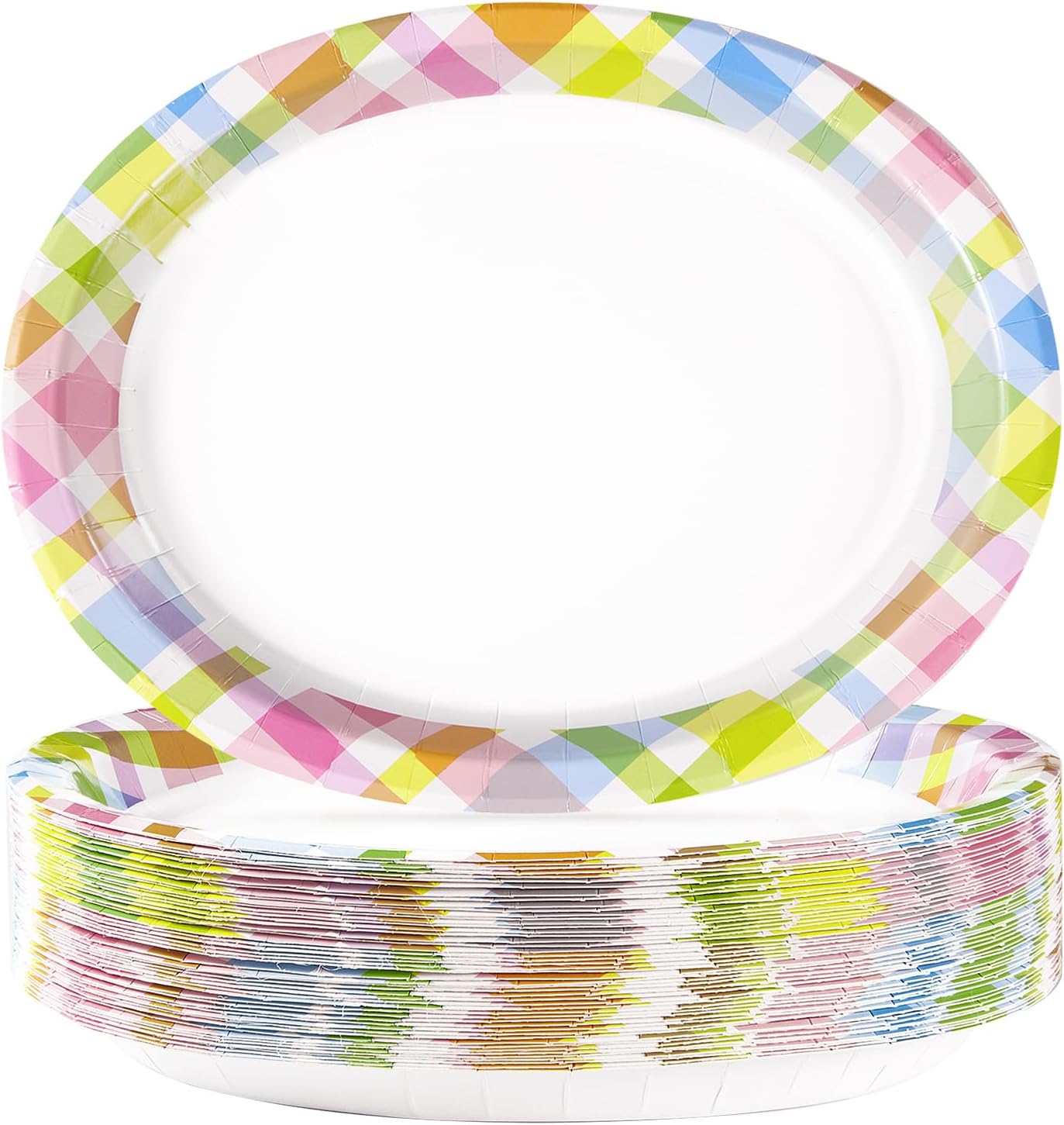 50Pcs Easter Oval Paper Plates 10" x 12" Large Disposable Heavy Duty Color Easter Buffalo Plaid Checkered Paper Platters Spring Rainbow Dessert Plates for Holiday Dinner Birthday Party Supplies