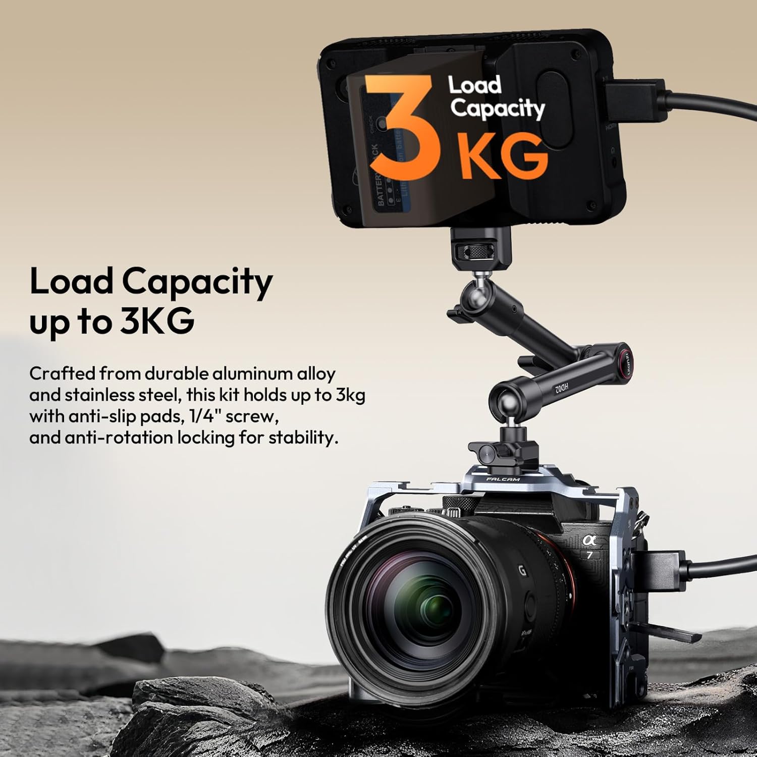 ULANZI HD02 Magic Arm supporting a camera and monitor, demonstrating 3KG load capacity