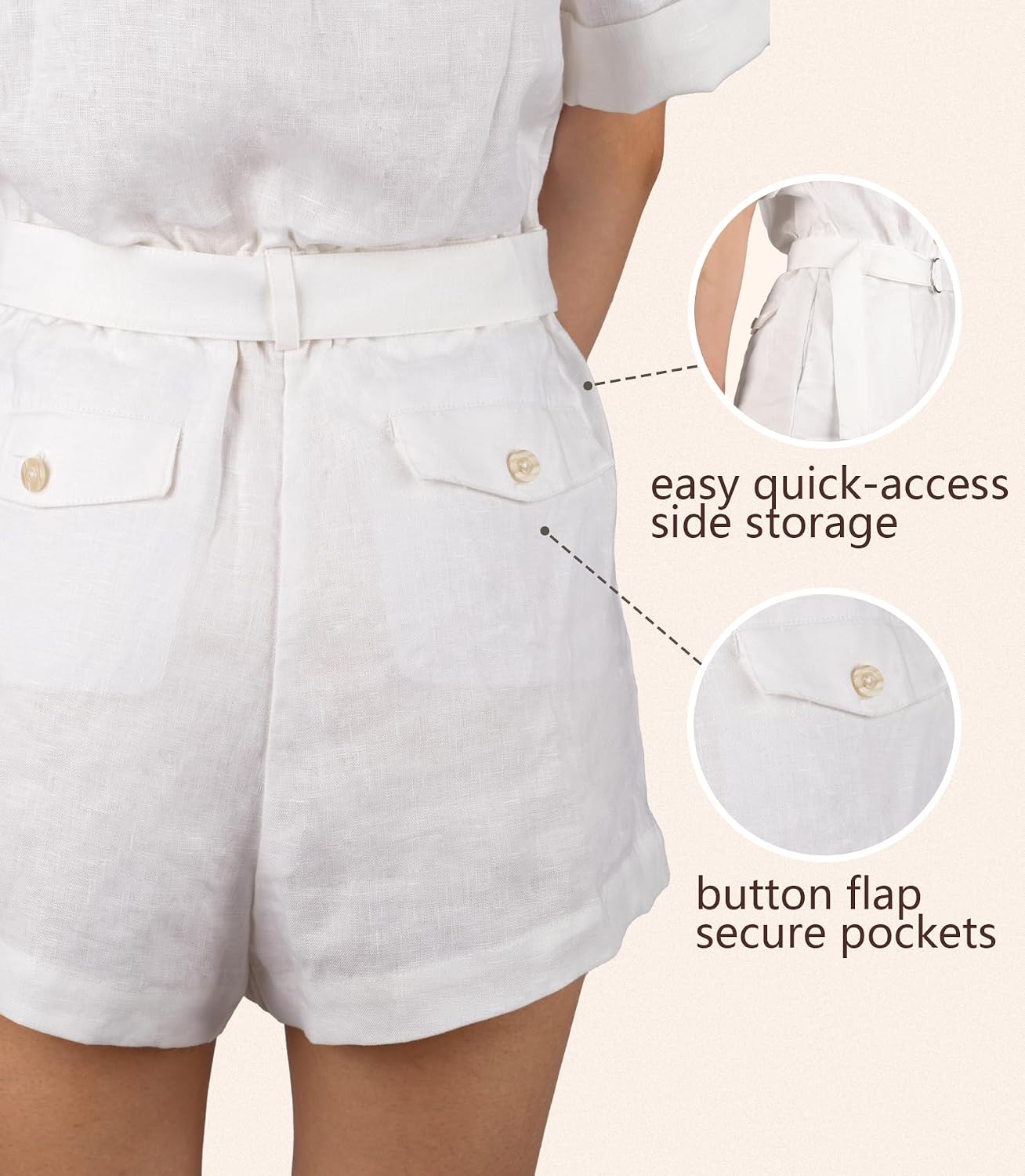 100% Linen Rompers for Women Summer | Casual Jumpsuits, Short Sleeves, Button Down, Belt, One Pieces