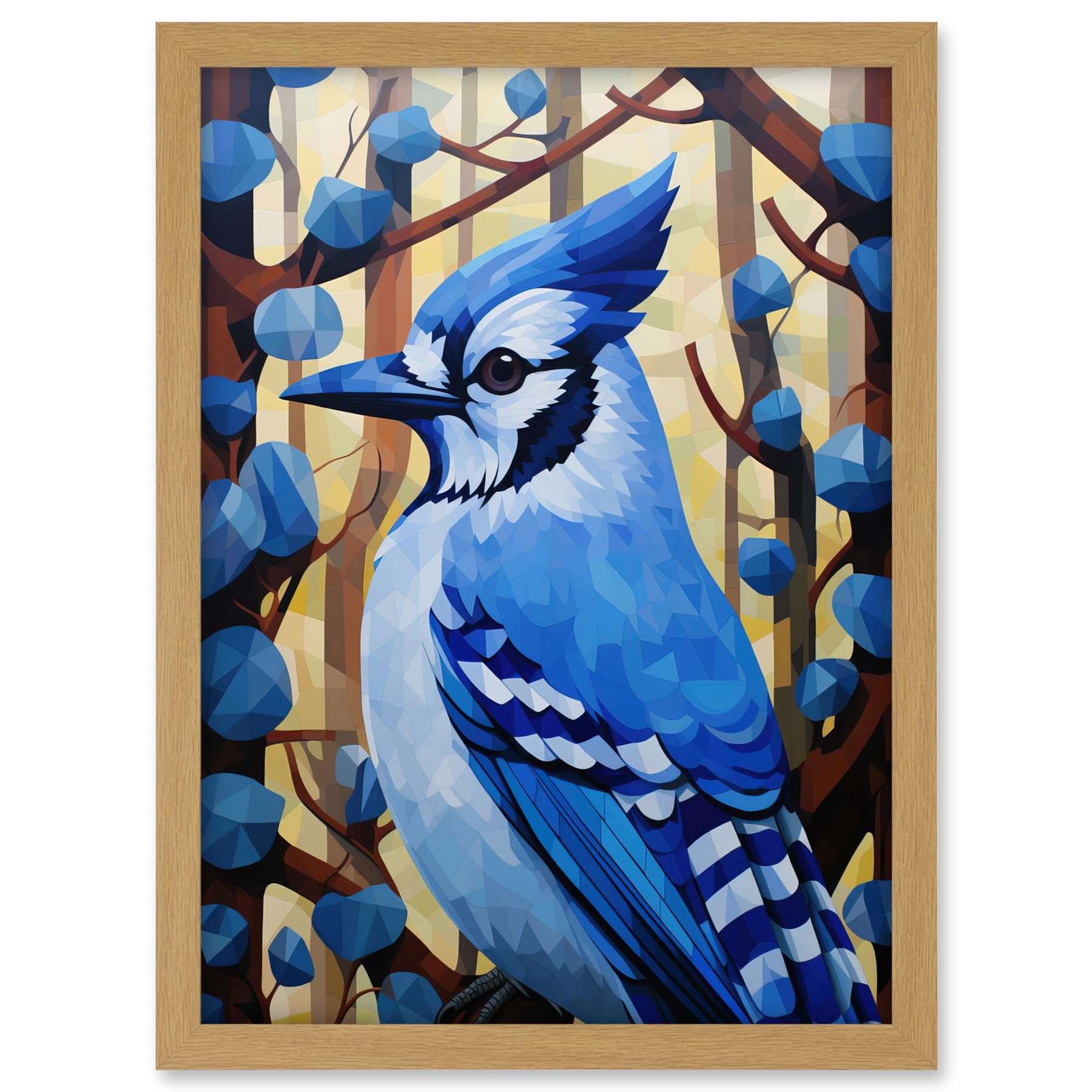 Artery8 Blue Jay Geometric Artwork Wild Bird Perched on Tree Polygonal Forest Landscape Artwork Framed A3 Wall Art Print