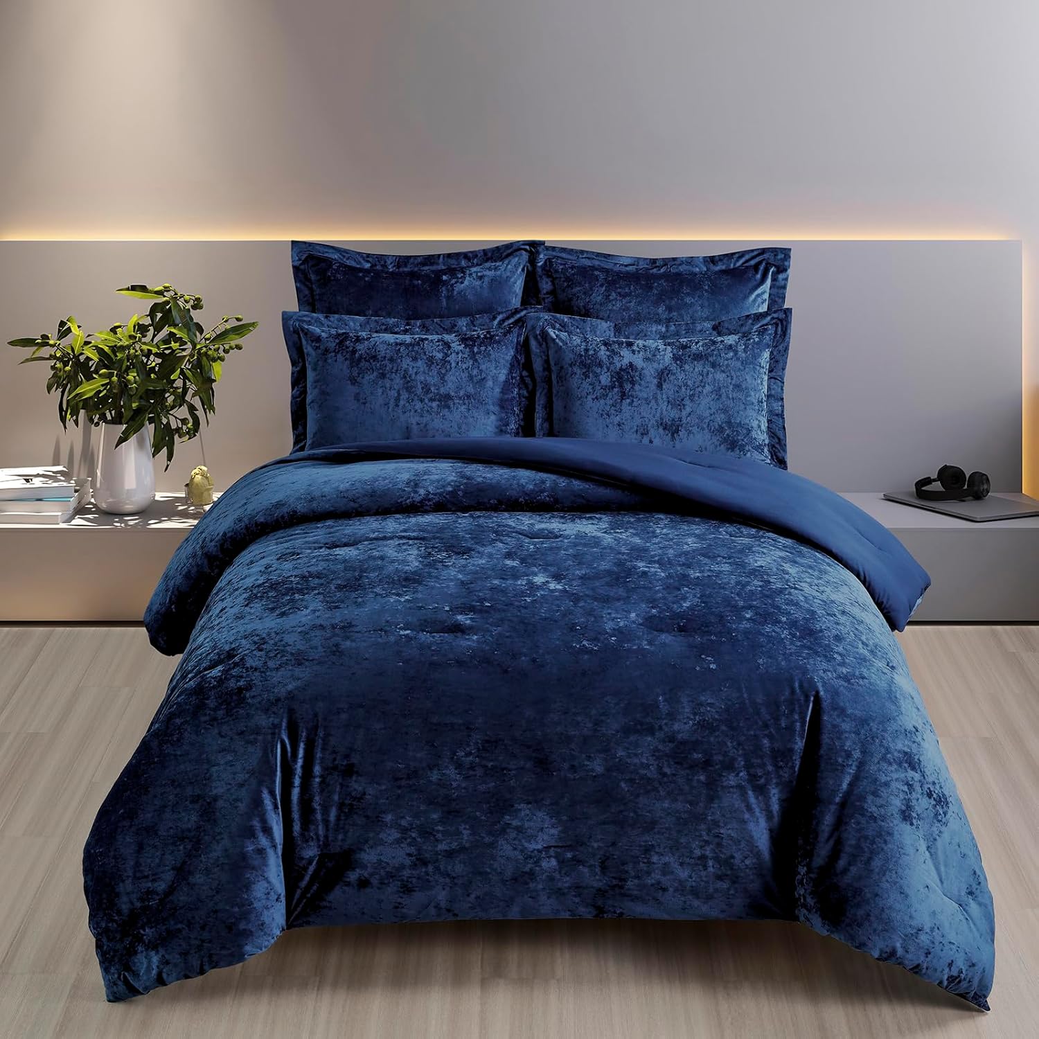 Fredsure Distressed Velvet Comforter Set, 5 Pieces Navy Queen, Distressed Velvet Face and Brushed Microfiber Reverse