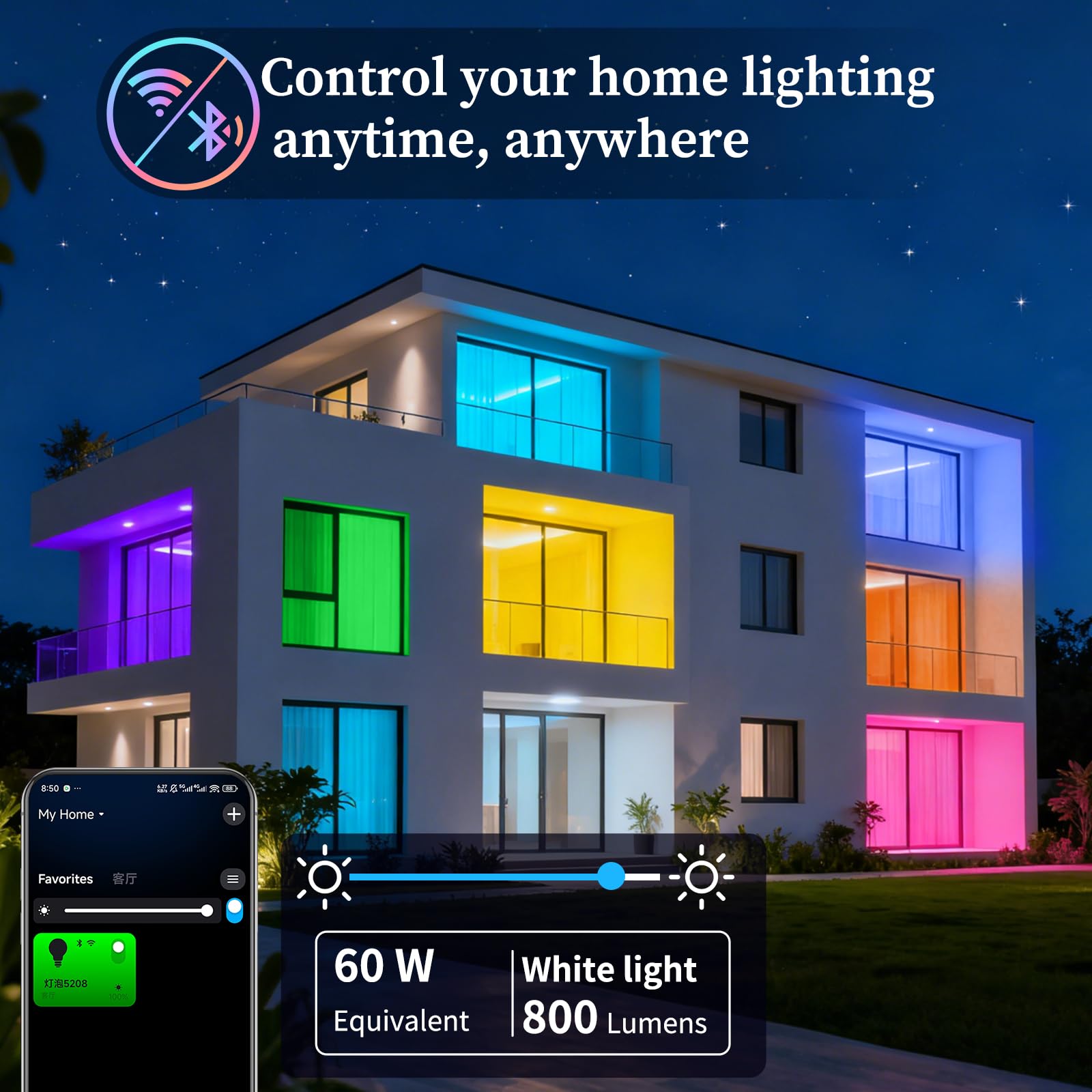 Oumida Bombilla LED Inteligente Wi-Fi, Multicolor, Regulable, Bombilla RGB,Casquillo E27, 9W, 806 lúmenes para Google Home/Alexa,Paquete 2
