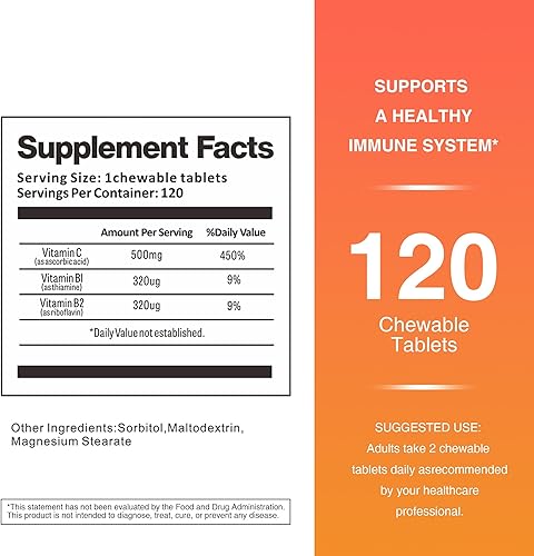 Miniatura 2 de TOLOUS 500 mg de vitamina C, 120 tabletas masticables, suministro para 60 días, suplemento para apoyo inmunológico, sin gluten, sabor a naranja