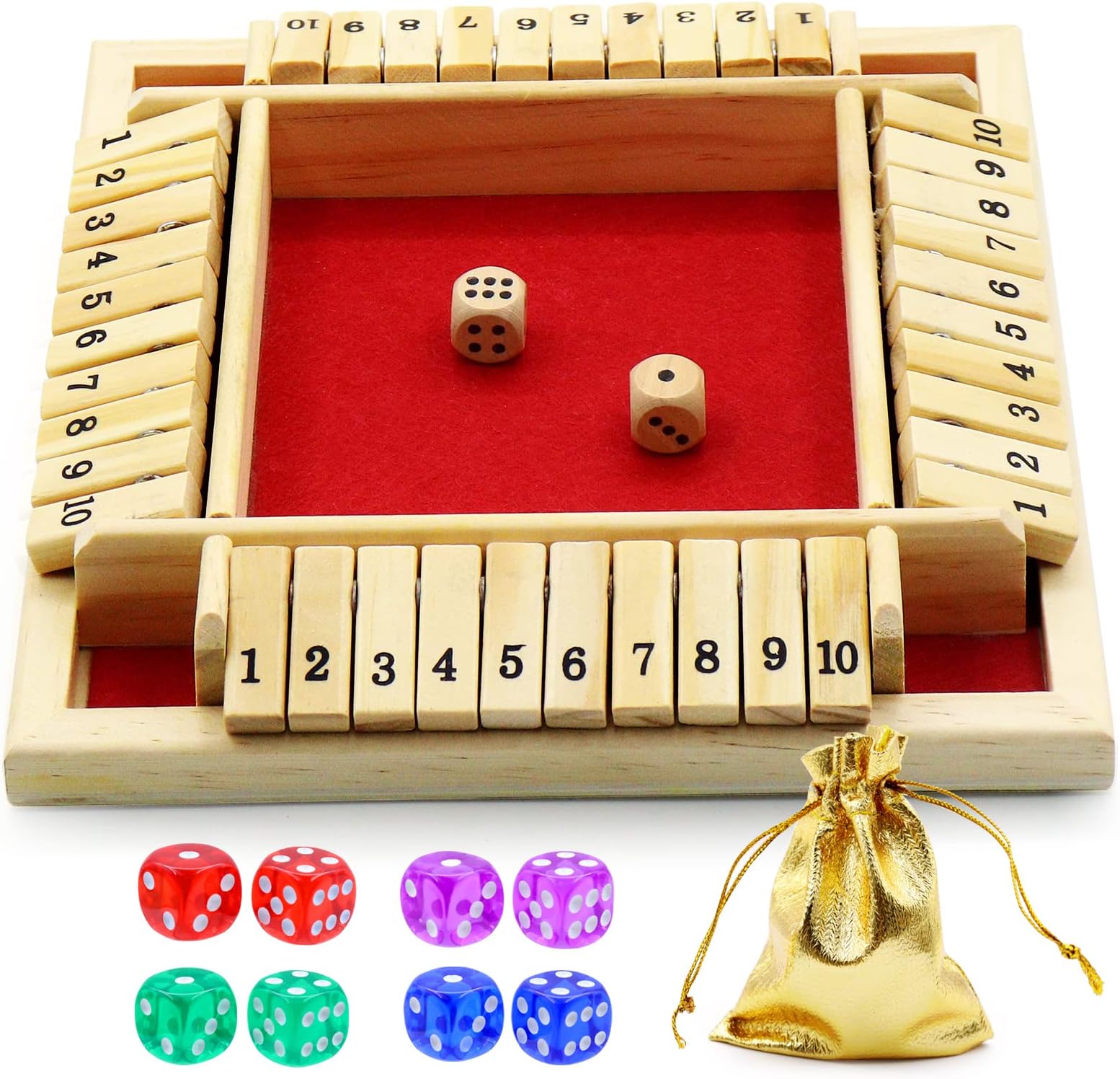Dice Game Shut The Box Game Wooden Board Game with 10 Dices,a Classic 4 Sided Family Math Game for 2-4 Players Dice Board Game Shut-The-Box,Red(Kids or Adults)