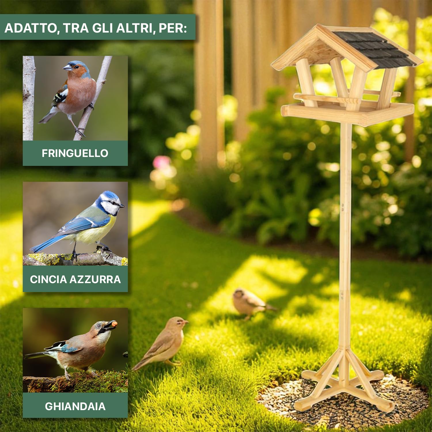 ITA Casetta per Uccelli 36x25x26 cm in Legno con supporto - Mangime per Uccelli Selvatici - Resistente alle Intemperie, Stabile, Robusta