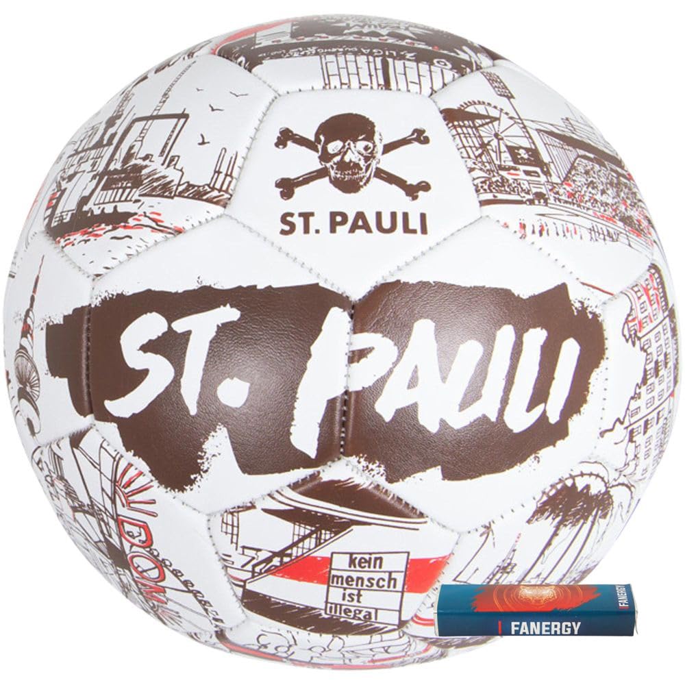 FC St. Pauli Football with Skull Club Logo Ball FCSP Fan Item PVC + Fanergy Glucose (Brown/White/Red St. Pauli, 5)