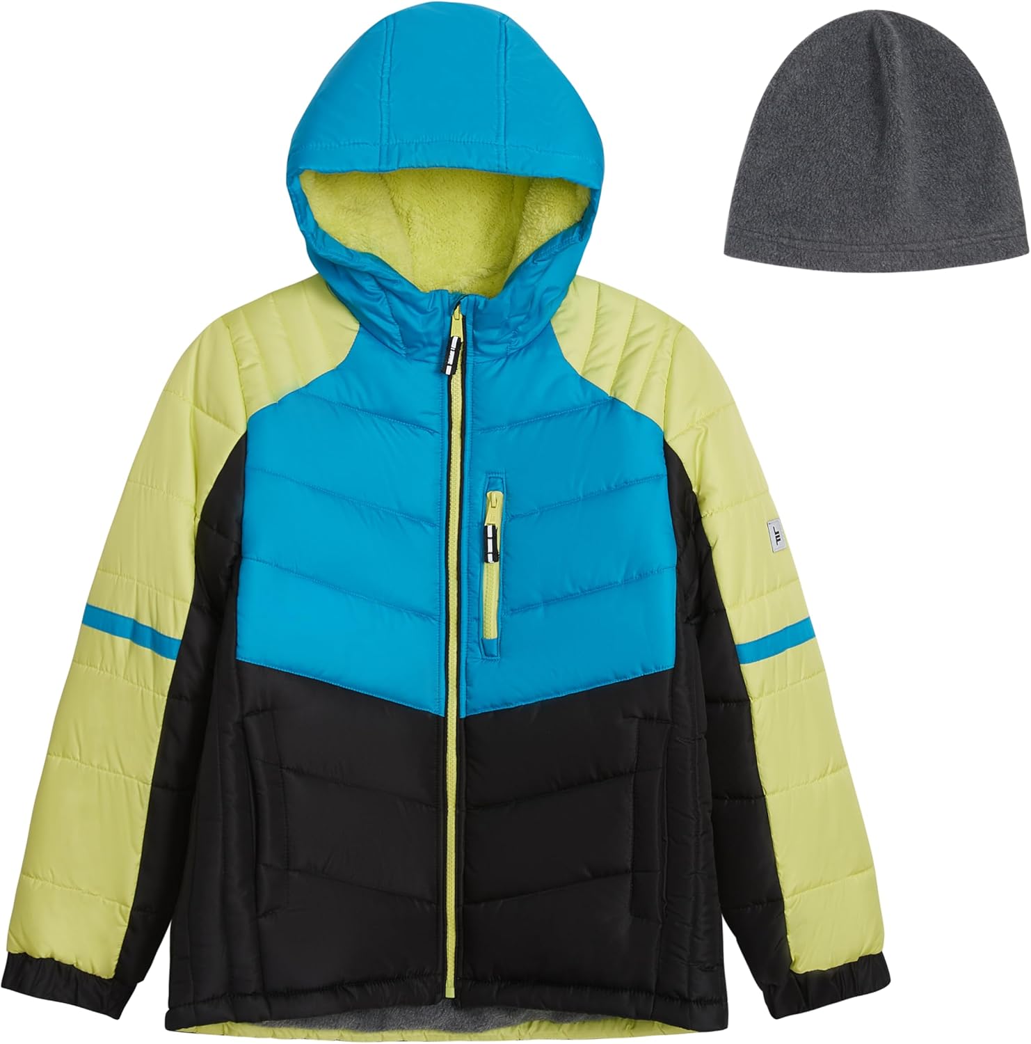 LONDON FOG Boys' Heavyweight Hooded Puffer Jacket With Sherpa-lined Hood & Fleece Beanie