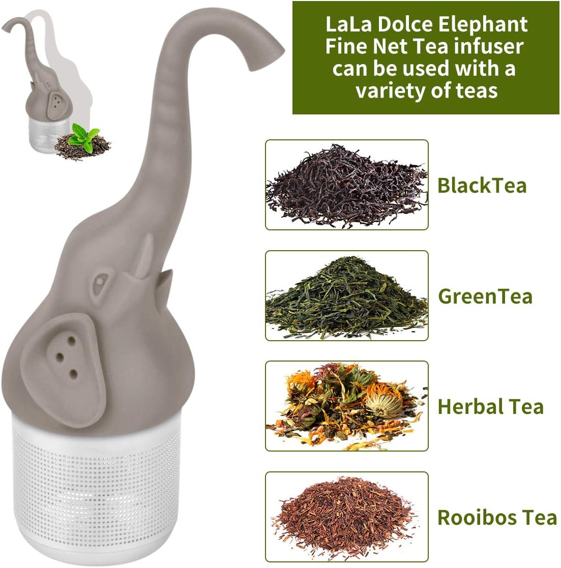 LALA DOLCE Tea Infuser, Funny Elephant Silicone and Stainless Steel Fine Mesh Tea Basket. Great for Loose Leaf Cereal Cups, Mugs and Teapots (Grey)