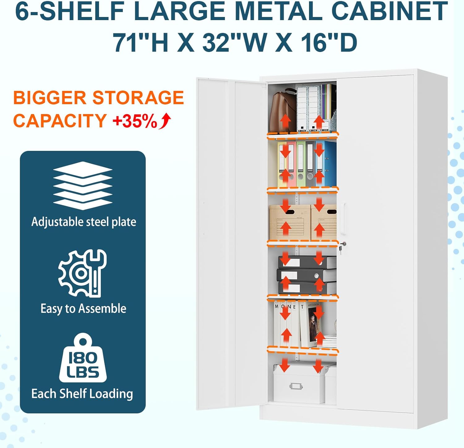 MIIIKO Metal Storage Cabinet with Lock, 71” Steel Storage Cabinet with 2 Doors and 5 Adjustable Shelves, for Office, School.