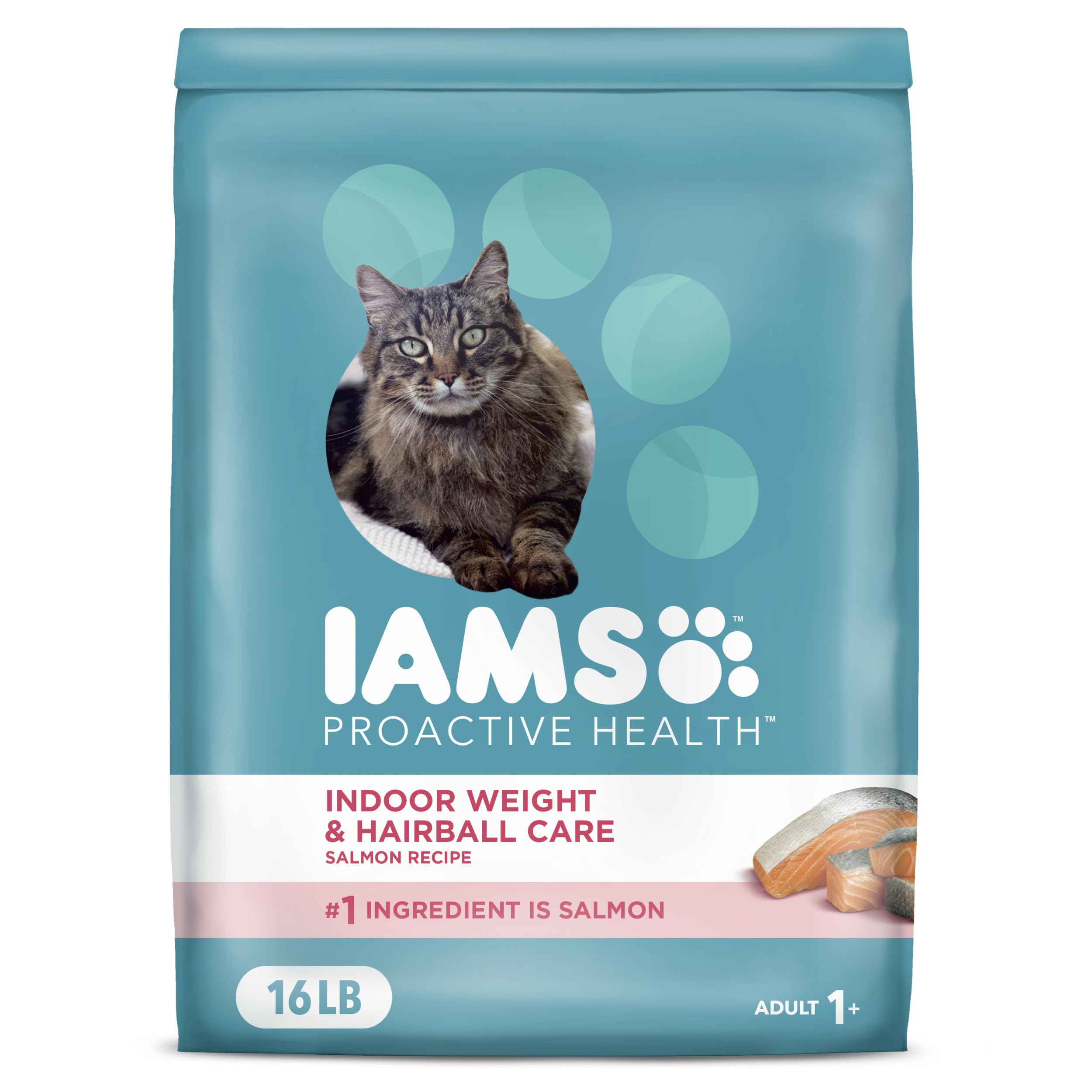 IAMS Proactive Health Indoor Weight Control & Hairball Care Adult Dry Cat Food, Salmon Recipe, 16 lb. Bag