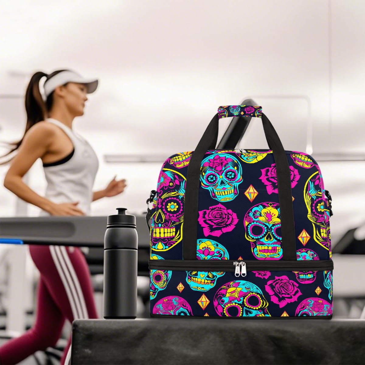 Borsone da viaggio pieghevole con motivo di teschi di zucchero, borsa da palestra espandibile con scomparto per scarpe, borsa da weekend di grande capacità, borsa da viaggio per sport, viaggi notturni