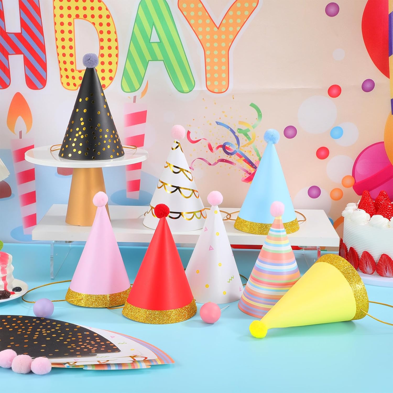 Veemoon 16 Pcs Birthday Party Cone Hats: Kids Adults Paper Birthday Hats with Pom Poms - Colored Party Headwear for Celebrations Holiday Favors