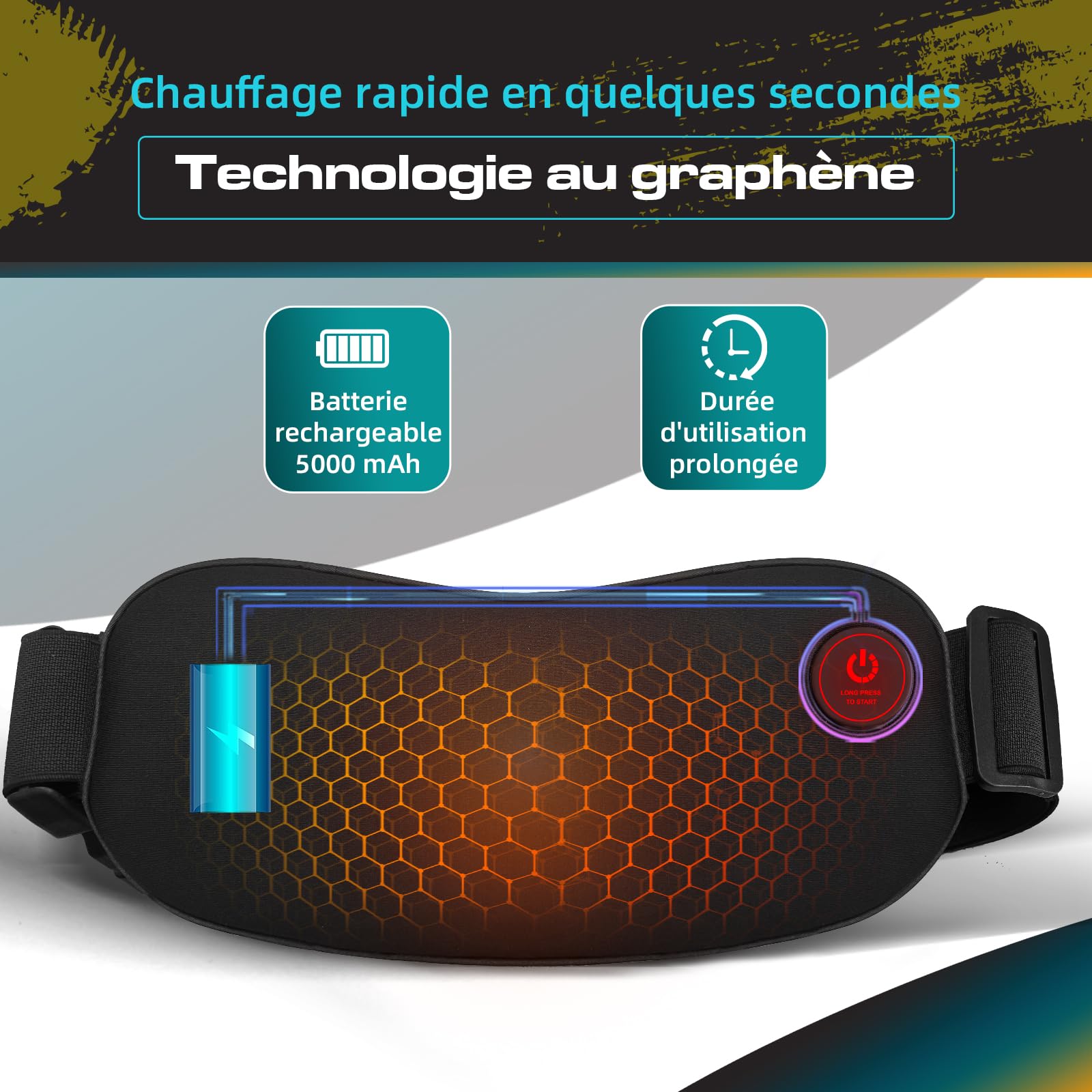 UNCN Ceinture Chauffante Lombaire | Bouillotte Ceinture Batterie Rechargeable Comprise,5000mAh | Coussin chauffant portable sans fil | 2 niveaux de température | Ceinture élastique est réglable