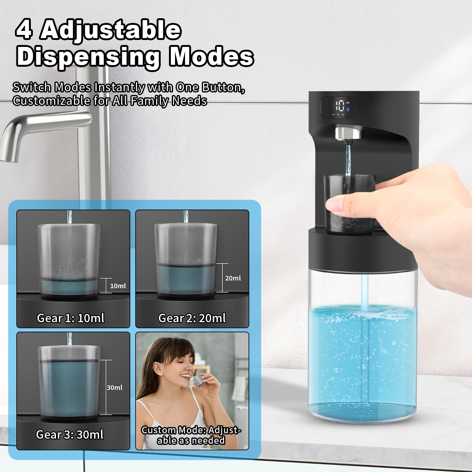 Dalugo Dispensador automático para enjuague bucal, 600 ml, fijación a la pared, 2 vasos magnéticos, negro, eléctrico, para niños y adultos, baño