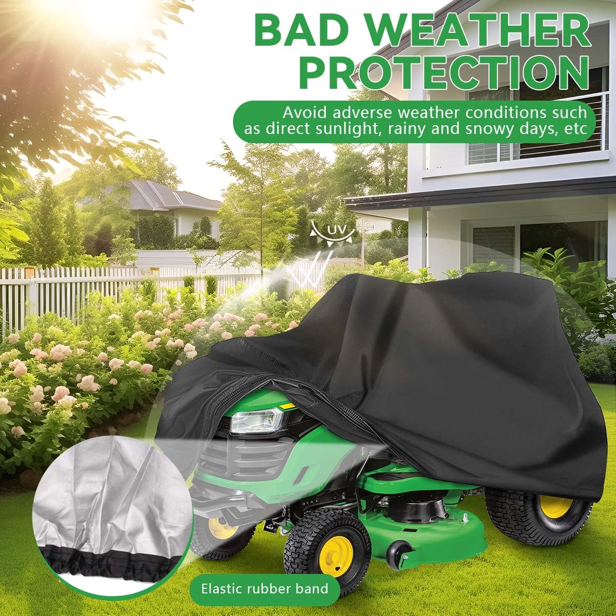 OBTANIM Funda impermeable para cortacésped de exterior, poliéster Oxford resistente al polvo, protección contra el polvo, cubierta para tractor de césped de hasta 54 pulgadas, con cordón y bolsa de