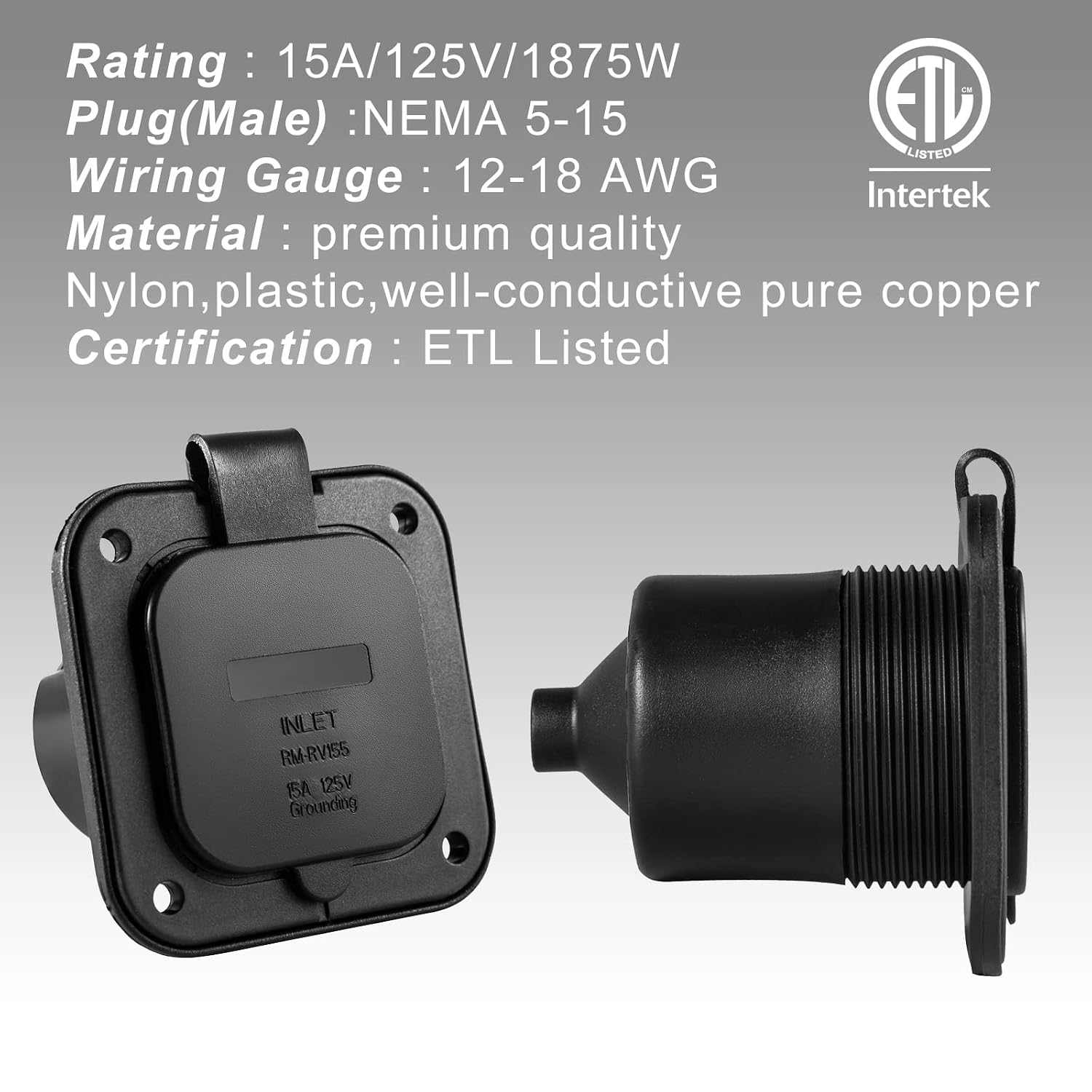 Flanged Inlet 15 Amp,RV Shore Power Inlet Plug NEMA 5-15 and Back Cover Waterproof, Generator Male Receptacle,2 Pole 3 Wire AC Port Plug for RV,Camper,Trailer,Marine,Boat