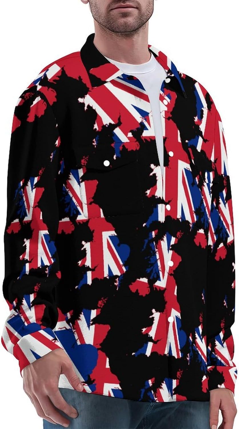 Flag Map of United Kingdom Men's Shirts Casual Jacket Long Sleeve Coat Novelty Outwear Tops