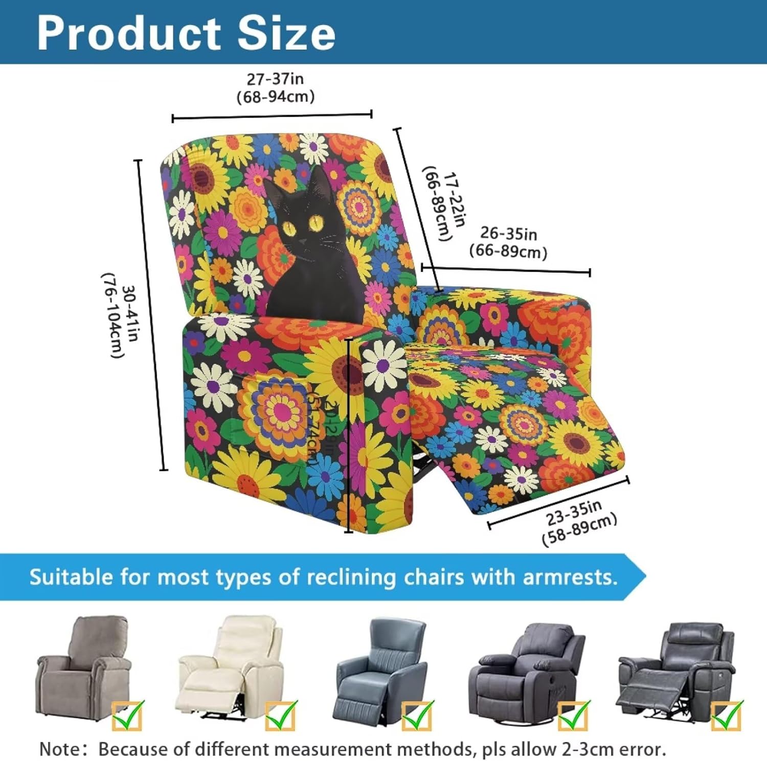 Hippie Flower Black Cat Daisy Print Recliner Slipcover Washable Couch Cover with Non Slip and Elastic Straps 4 Pieces Recliner Chair Cover Stretch Sofa Slipcover with Storage Pocket