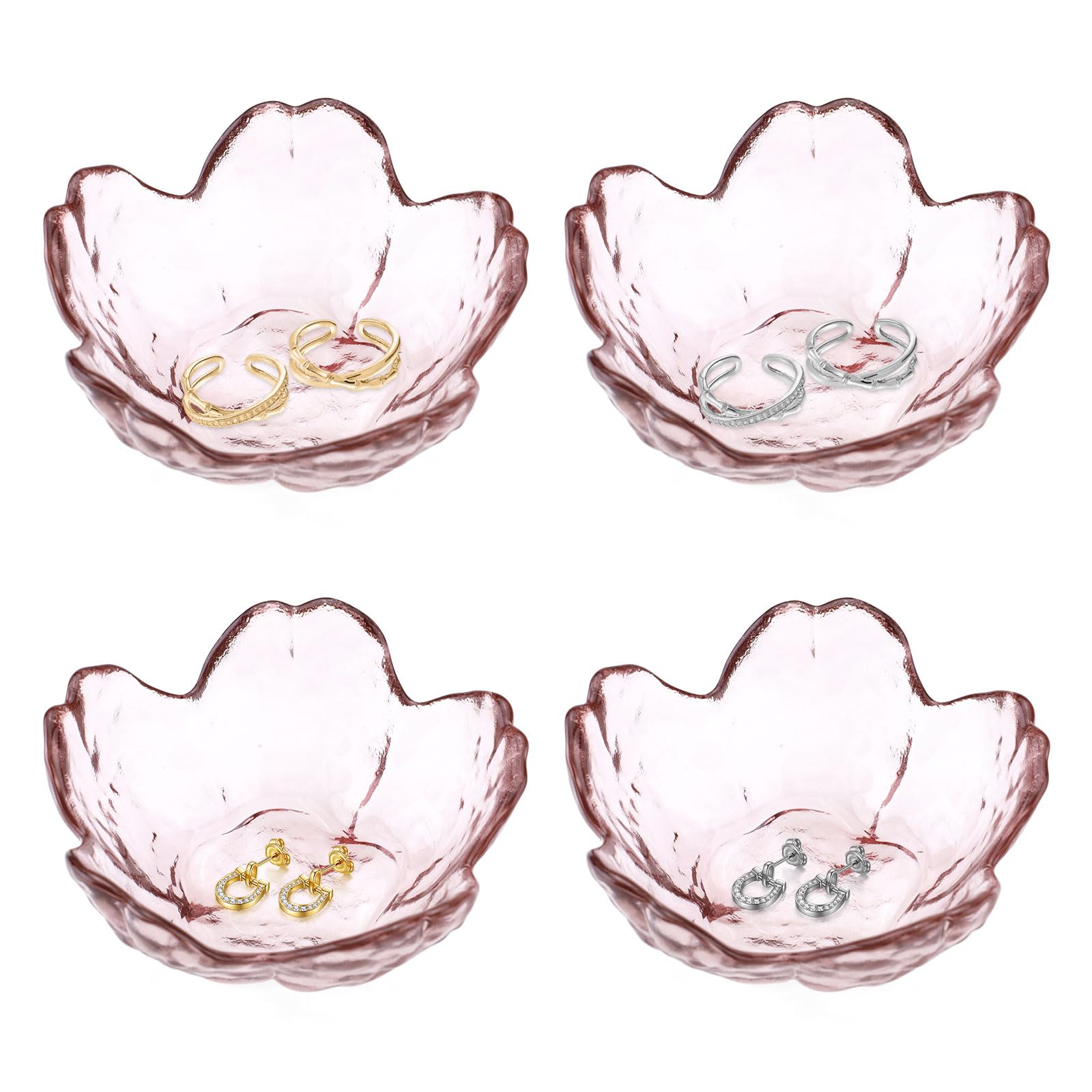 Modixun 4 Pack Ring Dish Jewelry Tray, Small Glass Trinket Dish, Decorative Aesthetic Ring Holder Plate Bowl for Women Ring Earring Bracelet for Vanity Nightstand (Crystal Pink)