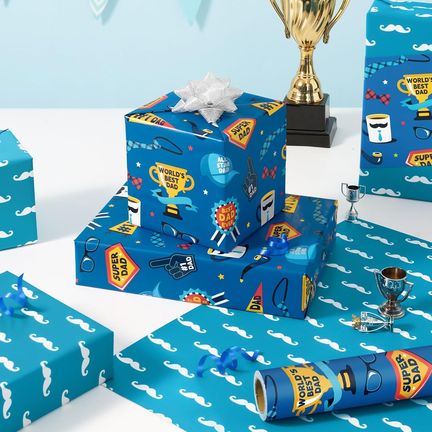 WERNNSAI Fathers Day Wrapping Paper Roll - 1 Roll 17” x 33 ft Happy Fathers Day Wrapping Paper Blue Gift Wrap Paper for Men Dad Father Grandpa Birthday Party