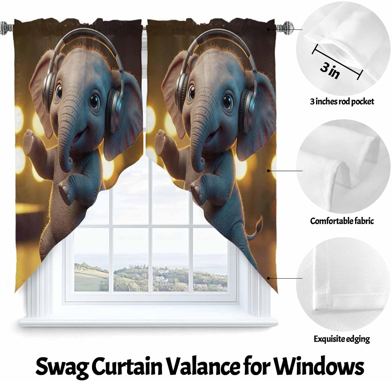 Swag Valance Curtains Cute Baby Elephant with Music Headphones Rode Pocket Swag Kitchen Valance Short Swag Topper for Living Room Bedroom Small Curtains Decorative Window Toppers 36x45inx2