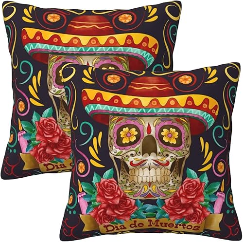 Juego de 2 fundas de almohada de calavera del Día de los Muertos de 18 x 18 pulgadas para almohadas de sofá para decoración mexicana del Día de los