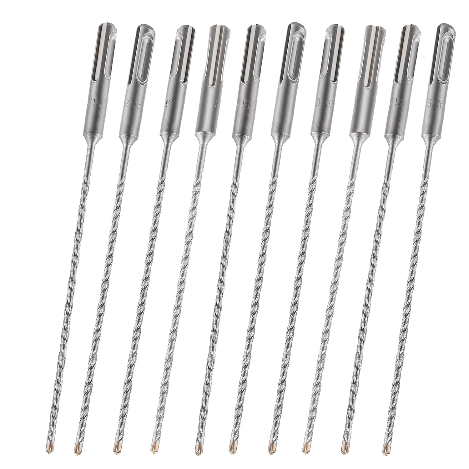 10pcs SDS Plus 3/16 in. x 12 in. Rotary Hammer Drill Bit Kit, Cross-Type Double Thread Carbide Concrete Drill Bit for Stone, Brick, Masonry, Cement Walls