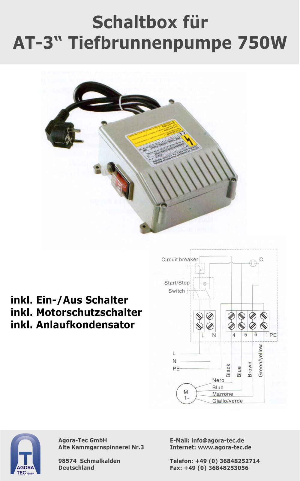 Agora-Tec® 3 Zoll Tiefbrunnenpumpe 750W 30m Kabel | Klarwasserpumpe Edelstahl | 3200l/h Fördermenge | 108m Förderhöhe | 10,8 bar | Ø 76mm | 1" IG |