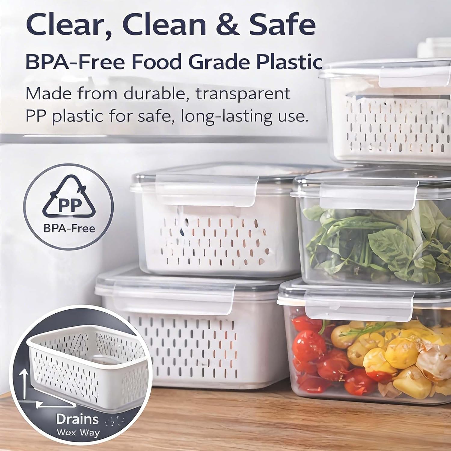4-In-1 Food Storage Containers For Fridge With Removable Colander, Fruit Storage Containers With Colander, Plastic Berry Containers, Dishwasher Safe For Wash, Drain, Store (Handle version)