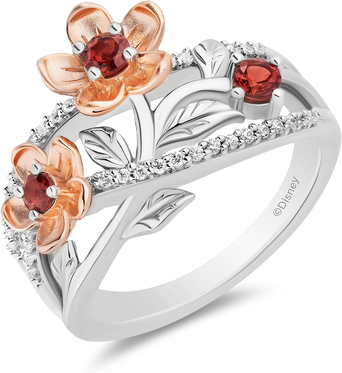 Jewelili Enchanted Disney Fine Jewelry 14K Rose Gold over Sterling Silver and 1/5 Cttw Diamond and Garnet Snow White Ring